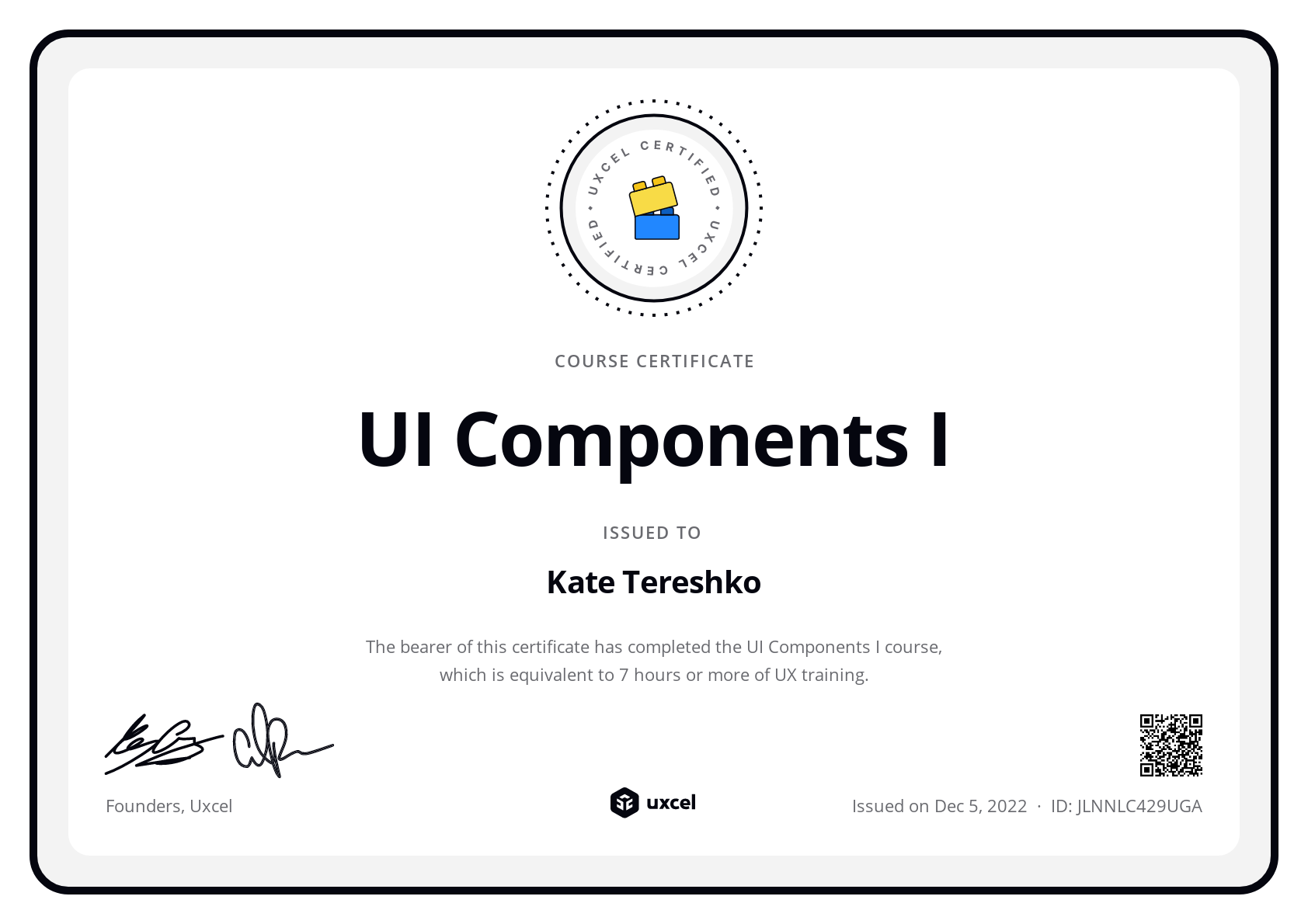 Katerina Tereshko's certificate